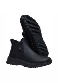 Czarne botki za kostkę z teksturowaną skórzaną cholewką, elastycznymi bocznymi panelami i wytrzymałymi gumowymi podeszwami z wyraźnym bieżnikiem dla lepszej przyczepności.