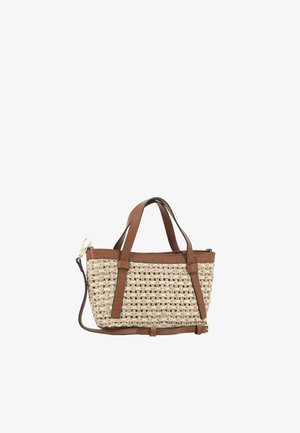 Kleine gewebte Strohtasche mit braunen Lederbesätzen, doppelten oberen Griffen und einem verstellbaren Leder-Schulterriemen mit goldenem Verschluss.