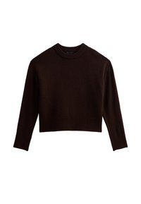 Brun kortärmad tröja i mjukt material. Har en ribbad halsringning och fåll, med långa ärmar och en avslappnad passform.