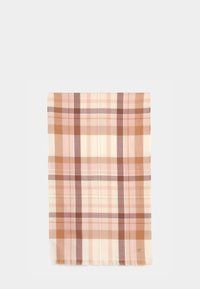 Sciarpa a quadri in tessuto morbido, con tonalità di rosa, beige e marrone. Forma rettangolare con bordi sfrangiati e dettaglio logo discreto.