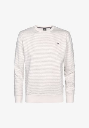 Sweatshirt blanc à rayures horizontales bleu marine, col rond, poignets et ourlet côtelés. Présente un petit logo sur la poitrine.