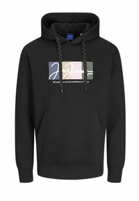 Black hoodie with a front pouch pocket, drawstrings, and colorful text graphics including "Jack&Jones" on the chest area. Soft fabric.