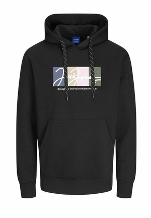 Mustapaita, jossa on etupussitasku, nauhat ja värikkäät tekstitopit, mukaan lukien "Jack&Jones" rintakohdalla. Pehmeä kangas.