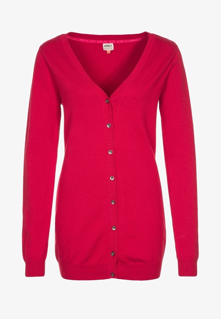 Cardigan rouge à manches longues avec col en V boutonné, poignets et ourlet côtelés, de la marque "Only".