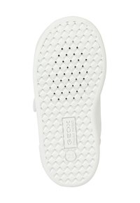Semelle de chaussure en caoutchouc blanc avec motif de bande de roulement en forme de losange, trous de ventilation, étiquette de brevet italien Geox, et marquage de taille 21.