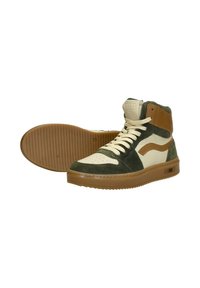 Hoge sneakers van groen suede, met crèmekleurige leren accenten en een bruine rubberen zool. Voorzien van platte veters en een gestructureerde neus.