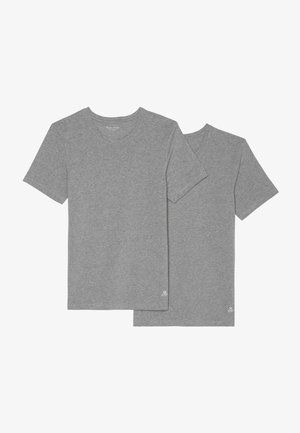 Dwie szare koszulki wyświetlone razem; jedna ma okrągły dekolt, a druga dekolt w serek. Obie są bawełniane, z małym logo blisko dołu.