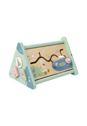 Holzpuzzle mit dreieckigem Design, mintgrünem Rahmen und bunten, tierischen Puzzlestücken. Enthält florale Illustrationen und strukturierte Oberflächen.