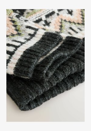 Wool sweater with a patterned design featuring dark gray and pastel colors. Ribbed cuffs and textured surface detail are visible.