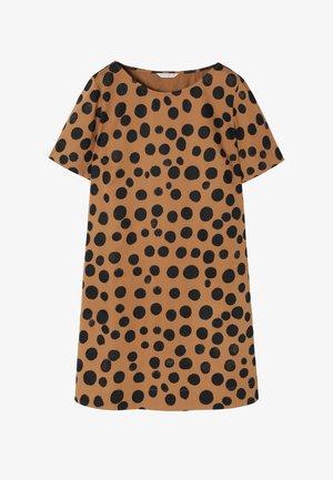 Braunes Kurzarmkleid mit verstreuten schwarzen Polka-Dots in unterschiedlichen Größen und einem runden Ausschnitt.