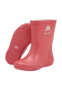 Roze rubberen regenlaarzen met een gladde oppervlakte, een ronde neus en een gestructureerde zool. Voorzien van een olifantenlogo aan de zijkant. Maat 25.