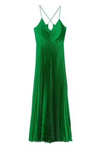 Robe plissée verte avec un décolleté en cœur et des bretelles fines croisées. Fabriquée dans un tissu lisse et léger avec une coupe fluide.