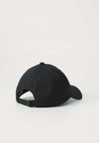 Black baseball cap with a curved brim, made of cotton, featuring adjustable strap, six-panel design, and ventilation eyelets.