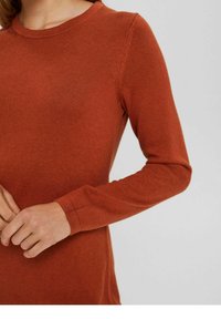 Pull à manches longues, ajusté, en tissu côtelé orange rouille. Encolure ronde, détails de couture subtils le long des manches, texture lisse.