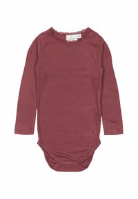 Body a maniche lunghe in cotone a coste di un colore bordeaux tenue. Presenta un collo a scallop e chiusure a scatto sulle spalle e sul fondo.