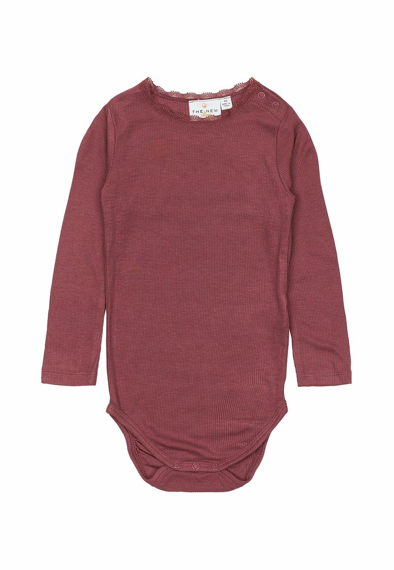 Body a maniche lunghe in cotone a coste di un colore bordeaux tenue. Presenta un collo a scallop e chiusure a scatto sulle spalle e sul fondo.