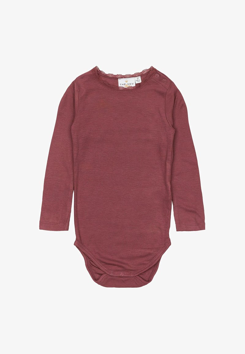 Långärmad, ribbad bodysuit i en dämpad burgundy-färg. Har en scalloped ärmskärning och tryckknappar vid axeln och nederst.