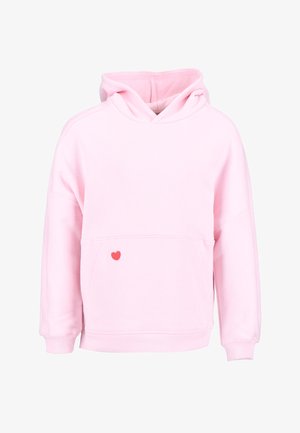 Jasnoróżowa bluza z kapturem, z kieszenią z przodu i małym czerwonym serduszkiem po lewej stronie kieszeni.