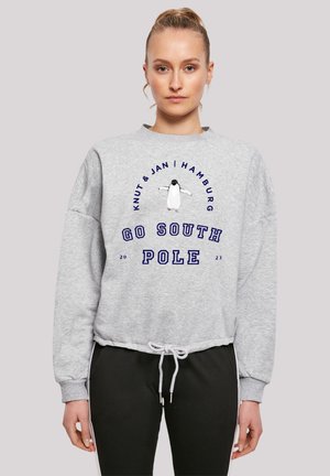 Grauer Sweatshirt mit lockerem Schnitt, mit einem Pinguin-Graphic und blauer Textinschrift "GO SOUTH POLE." Mit Kordelzug am Saum und gerippten Bündchen.