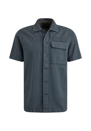 Camicia a maniche corte con bottoni in tessuto grigio scuro. Presenta una tasca sul petto con logo in rilievo, colletto classico e una vestibilità ampia.