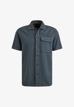 Camicia a maniche corte con bottoni in tessuto grigio scuro. Presenta una tasca sul petto con logo in rilievo, colletto classico e una vestibilità ampia.