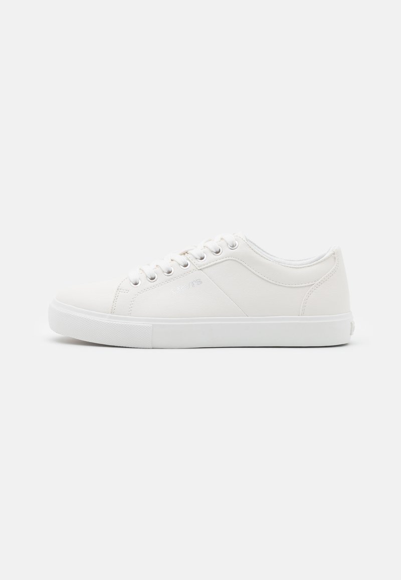 White sneakers made of smooth synthetic material, featuring round toe, low top, flat white sole, and six eyelet lace-ups. Minimalist design.
