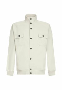 Giacca zip-up di colore crema chiaro con colletto alto, due tasche sul petto e bottoni neri. Texture liscia con polsini e orlo a costine.