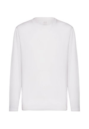 Witte lange mouwen T-shirt van zachte katoen. Heeft een ronde halslijn en een rechte zoom zonder zichtbare patronen of accenten.