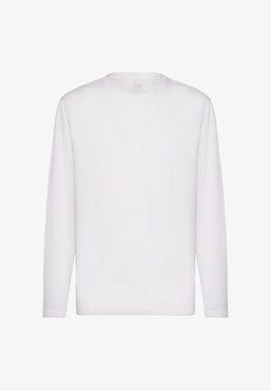 Witte lange mouwen T-shirt van zachte katoen. Heeft een ronde halslijn en een rechte zoom zonder zichtbare patronen of accenten.