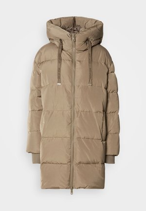 Gepolsterter Kapuzenmantel in Hellbeige mit einem Frontreißverschluss und verstellbarem Kordelzug. Verfügt über ein gestepptes Design in Segmente und gerippte Bündchen.