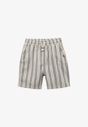 Grijs en witte verticaal gestreepte casual shorts met een elastische tailleband, trekkoord, zijzakken en een klein bruin logo label aan de rechterzijde.