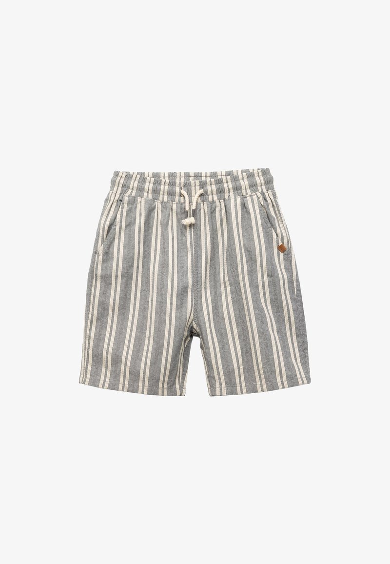Grå og hvide vertikale stribede casual shorts med elastisk talje, snøre, sidelommer og et lille brunt logo patch på højre side.