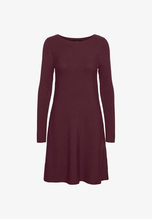 Burgundy long-sleeve dress with a rounded neckline. Fitted bodice leading to a flared skirt. Made from a smooth, textured fabric.