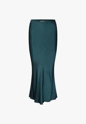 Teal satijnen midi-rok met een gladde textuur, hoge taille en een lichte flare aan de zoom, ontworpen voor een slanke silhouet.