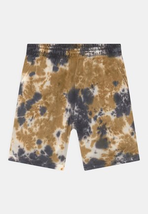 Shorts en coton tie-dye présentant un mélange de couleurs marron, noir et crème, avec une taille élastique et une coupe droite.