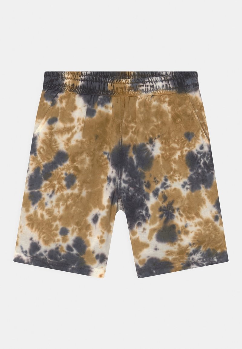 Shorts en coton tie-dye présentant un mélange de couleurs marron, noir et crème, avec une taille élastique et une coupe droite.