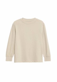 Koszulka z długim rękawem w kolorze kremowym, wykonana z miękkiego materiału, z okrągłym dekoltem, elastycznymi mankietami i luźnym krojem.