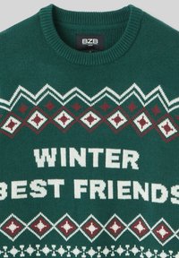 Pull en tricot vert avec un motif décoratif de losanges blancs et bordeaux. Le texte "WINTER BEST FRIENDS" est affiché de manière bien visible.