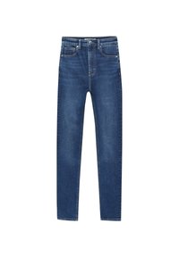 Jean en denim slim fit bleu foncé avec un léger délavage, cinq poches, fermeture éclair et bouton en métal. Design classique avec des jambes droites.