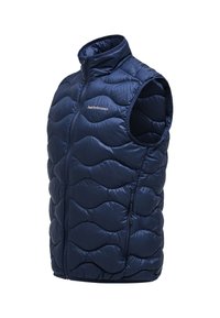 Navy blue puffy vest with a high collar, wave-patterned stitching, and a side zip pocket; made of shiny, lightweight material.
