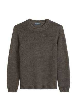 Dark olive green knitted crewneck sweater with long sleeves and ribbed cuffs and hem, labeled Marc O’Polo.