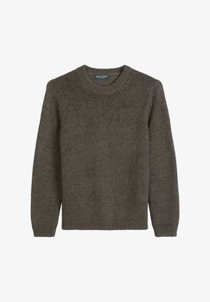 Ciemno oliwkowy sweter z dzianiny o okrągłym dekolcie, z długimi rękawami oraz prążkowanymi mankietami i dołem, oznaczony marką Marc O’Polo.