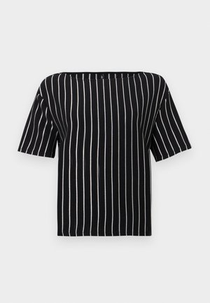 Black and white striped short-sleeve top featuring a square neckline and a loose, relaxed fit. Made from textured fabric.