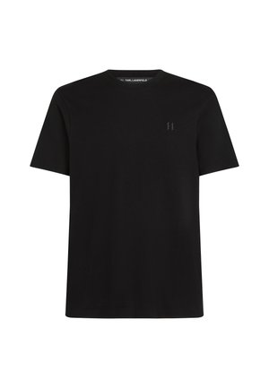T-shirt nera a maniche corte in cotone, con un sottile logo sul petto e un classico collo a giro. Tessuto morbido.