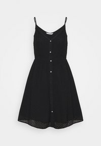 Vestido negro sin mangas con un patrón texturizado, que presenta un escote en V y botones en la parte delantera, ampliándose en el dobladillo.
