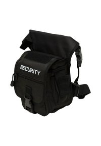 Črna varnostna utility torba, izdelana iz trpežne tkanine. Ponaša se z nastavljivim trakom, zadrgo na sprednjem žepu in je zapnata s samozaporom na zgornjem pokrovu.