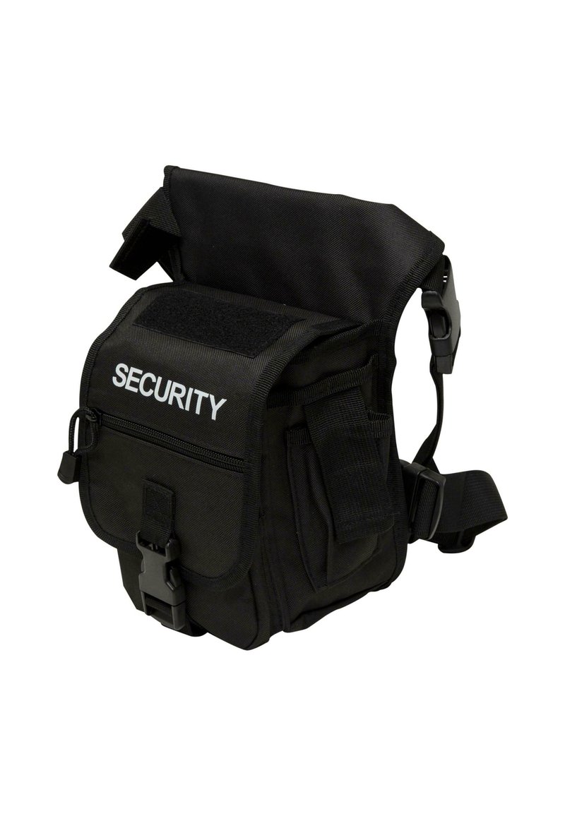 Črna varnostna utility torba, izdelana iz trpežne tkanine. Ponaša se z nastavljivim trakom, zadrgo na sprednjem žepu in je zapnata s samozaporom na zgornjem pokrovu.