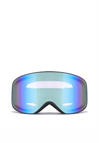 Skibrille mit einem breiten, gebogenen Glas mit einem Farbverlauf in Blau, einem schwarzen Gummirahmen und einer weichen Schaumauskleidung für Komfort.