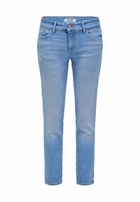 Jeans de mezclilla azul claro con ajuste recto, ligeras desgastaciones, cinco bolsillos y cierre de botón en la cintura.