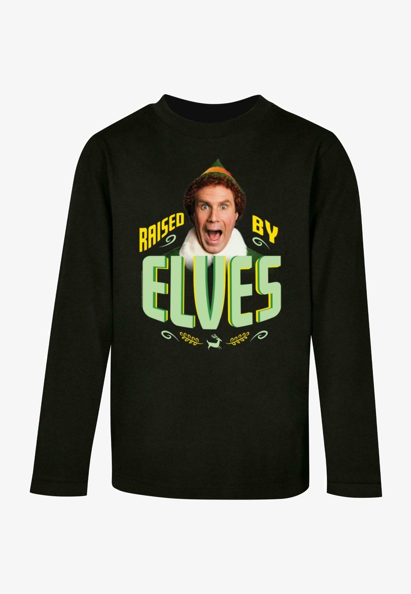 Un tricou negru cu mâneci lungi, având un grafic colorat cu textul "Crescut de Elfi" și fața unei personaje în centru.